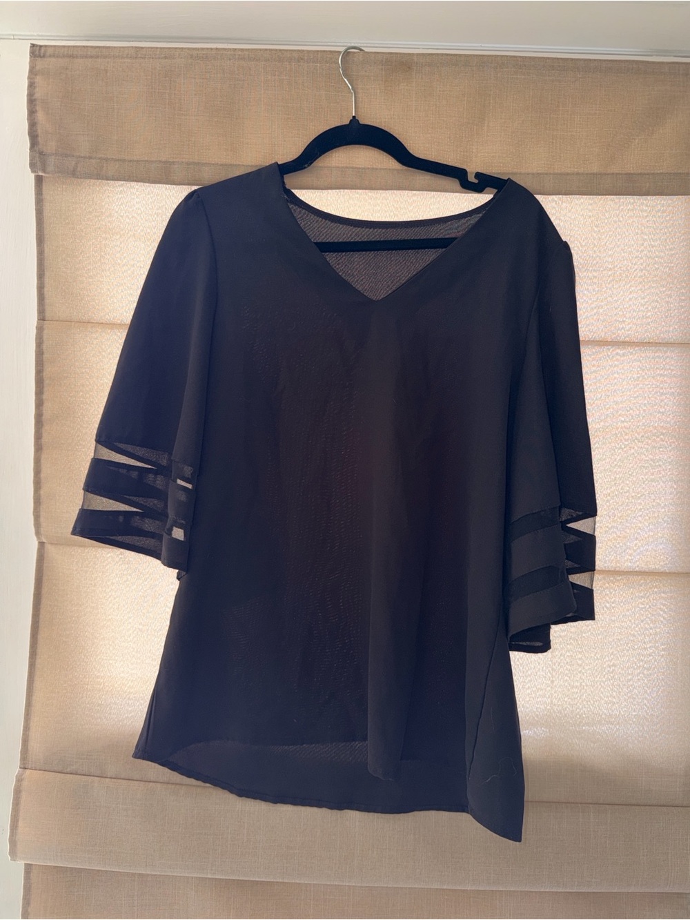 Kohl's Black Sheer V-Neck Blouse with Ladder Cutout Sleeves